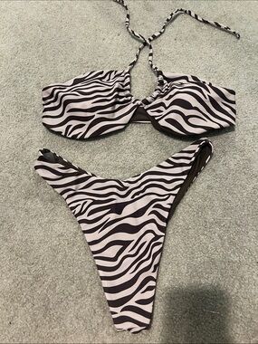 Zebra Print Two-Piece Bikini Set in Brown and Cream